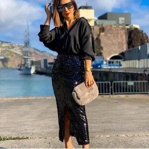 ZARA Ruched Sequin Skirt